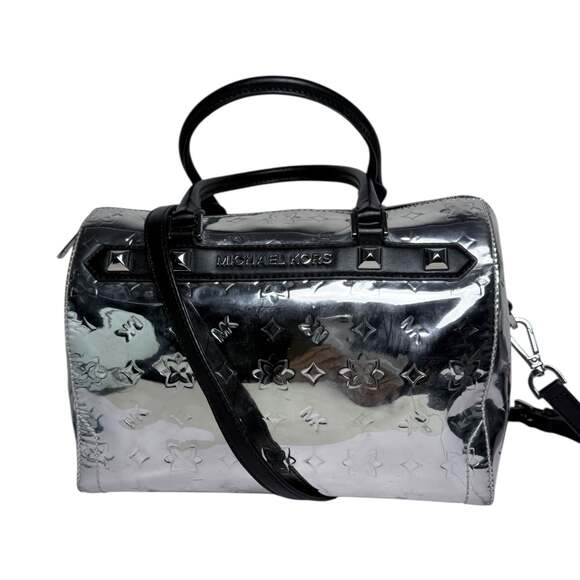 Michael Kors Handbags - Michael Kors Kara Metallic Silver Mirror Leather Satchel Duffel Bag